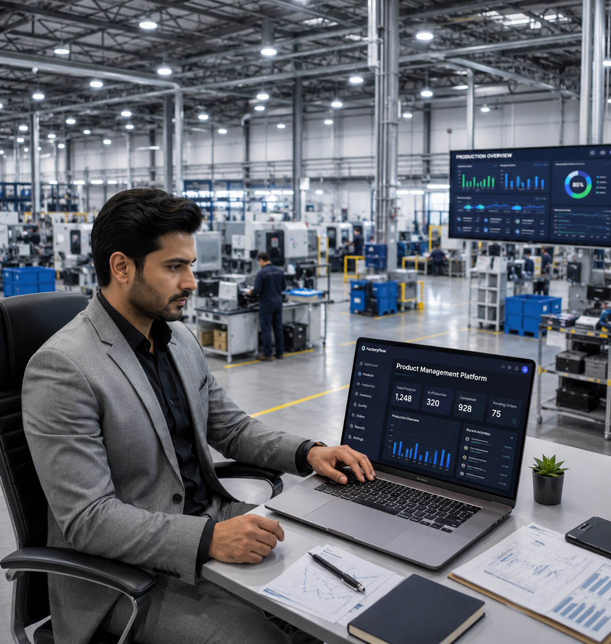 Factory management with production planning and shop-floor tracking