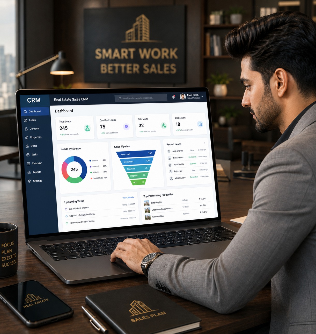 Real estate CRM with leads, site visits and booking analytics